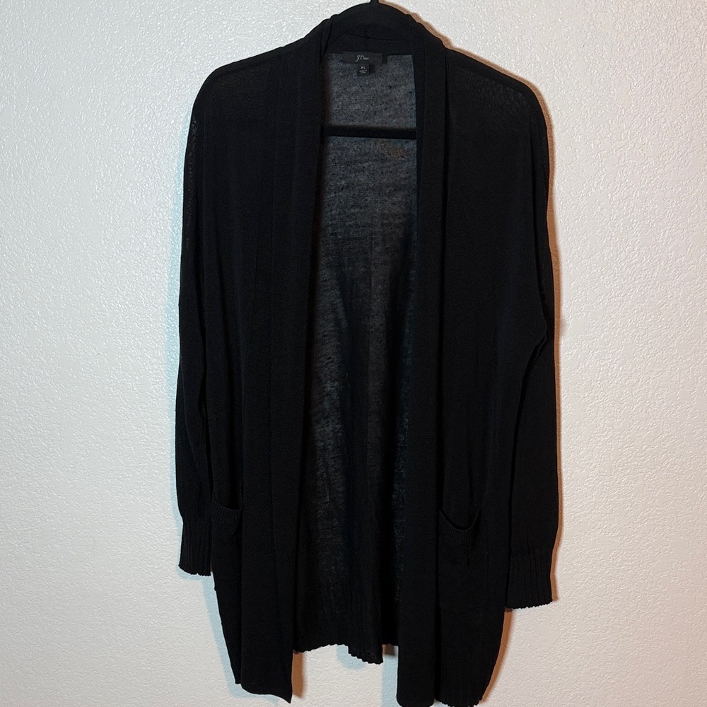 J. Crew Black Long Line Linen Ribbed Accent Cardigan Size XL Timeless Classic